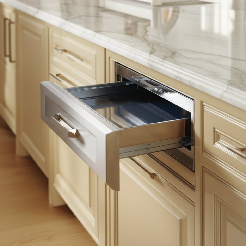 Wolf microwave drawer in a clean white kitchen