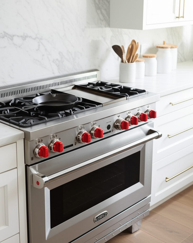 Wolf range in a minimal white kitchen